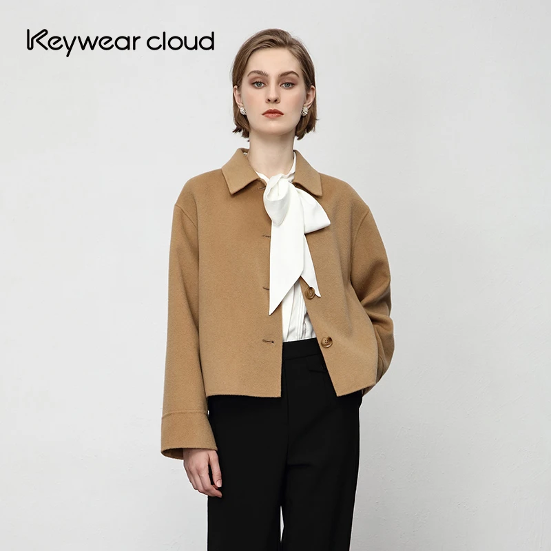 Keywearcloud奇威翻领百搭卡其色毛呢外套