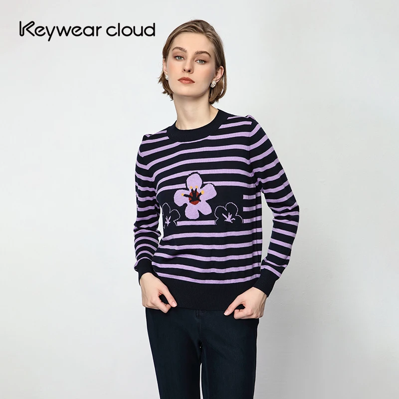 Keywearcloud奇威冬季条纹撞色长袖打底针织毛衣上衣女
