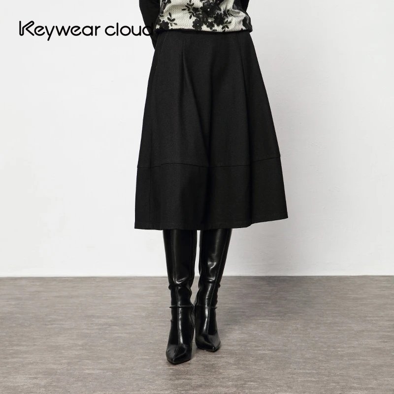 Keywearcloud奇威女装气质通勤黑色A字中长款大摆裙