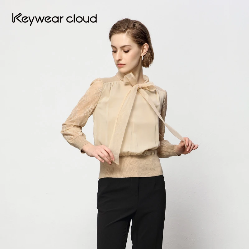 Keywearcloud奇威女装卡其色小众气质蝴蝶结系带蕾丝