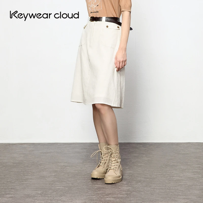 Keywearcloud奇威女装直筒高腰通勤休闲米色A字半身