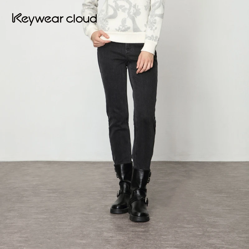 Keywearcloud奇威冬季显瘦烟管修身加绒牛仔裤