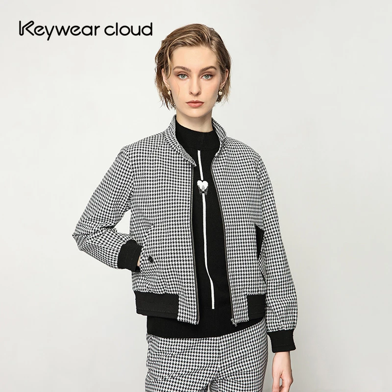 Keywearcloud奇威千鸟格撞色百搭时尚外套上衣