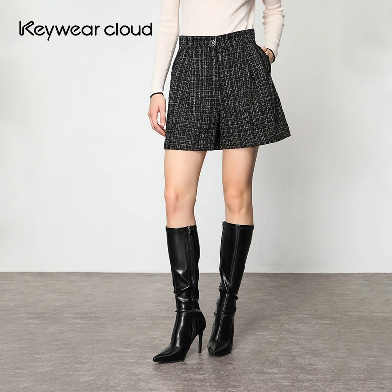 Keywearcloud奇威秋冬小香风黑底白线粗花呢高腰短裤