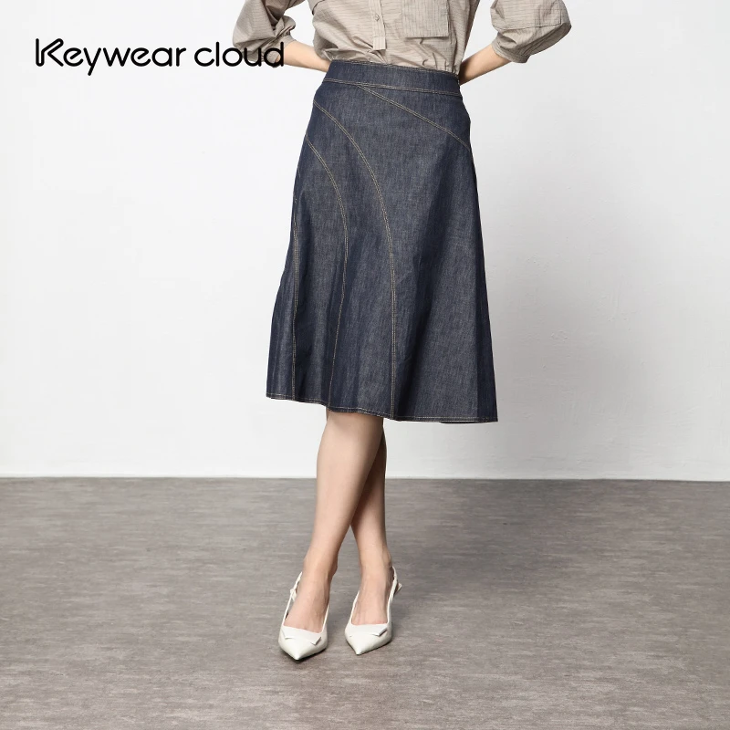 Keywearcloud奇威女装法式深蓝色牛仔半身裙高腰显瘦