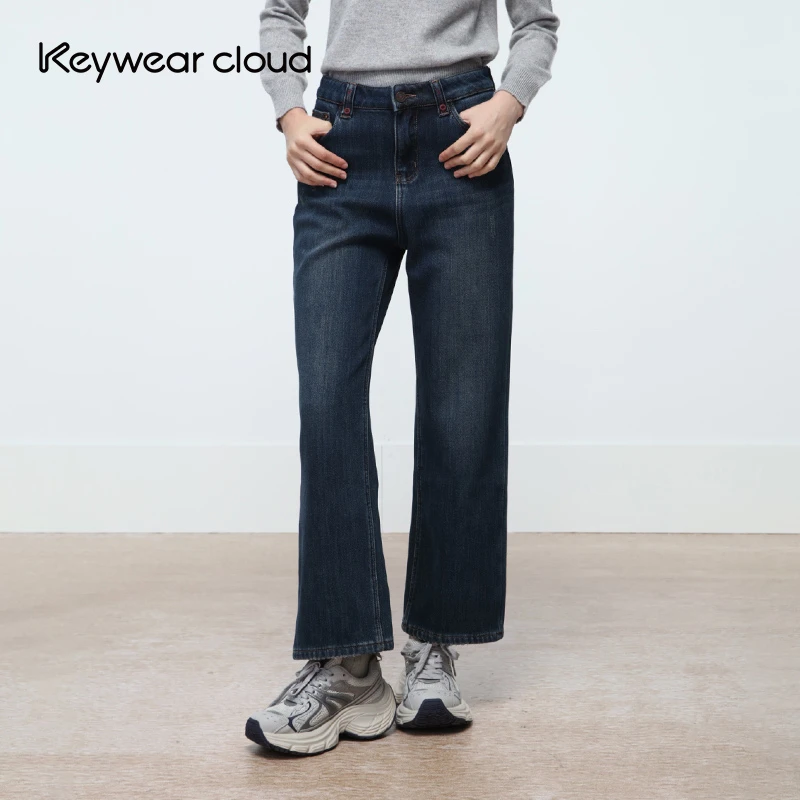 Keywearcloud奇威冬季高腰牛仔裤直筒裤休闲裤