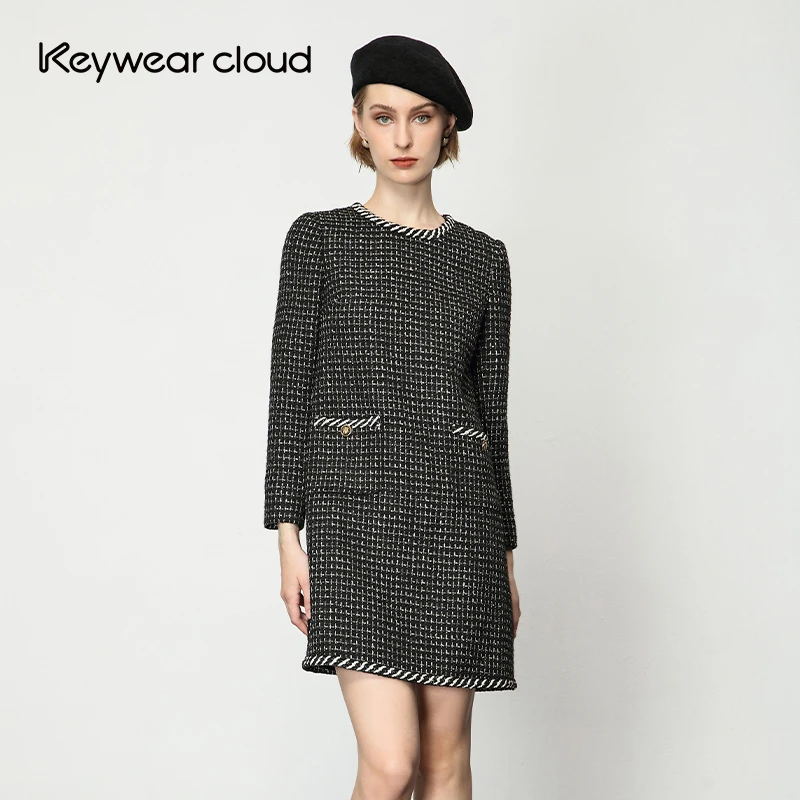 Keywearcloud奇威秋冬小香风银黑色立裁连衣裙