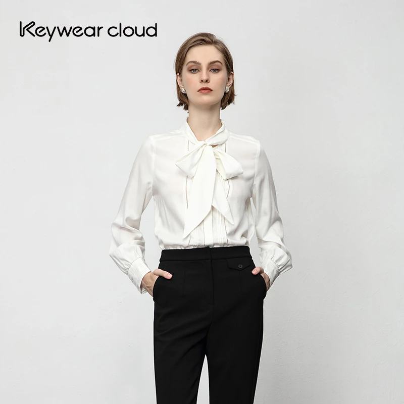 Keywearcloud奇威女装知性风蝴蝶领结长袖净色衬衫