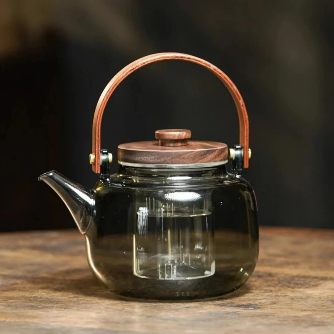 四代提梁壶圣裔堂蒸煮一体内胆胡桃木盖玻璃耐热煮茶壶家用烧水壶