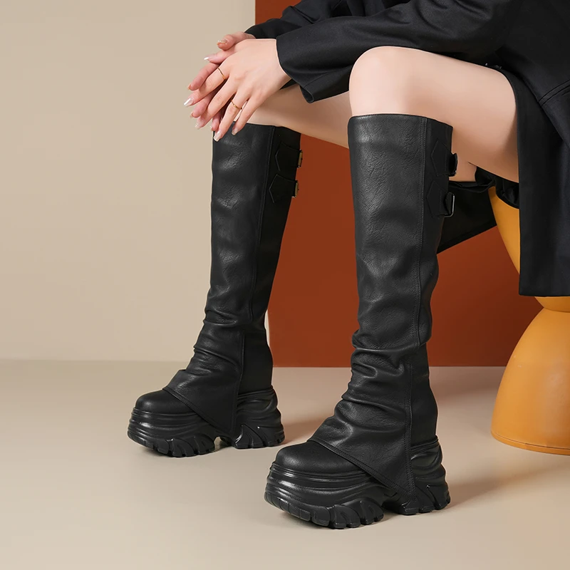 秋冬新款12cm厚底松糕不过膝裤管靴女小个子轻便款百搭时装靴女