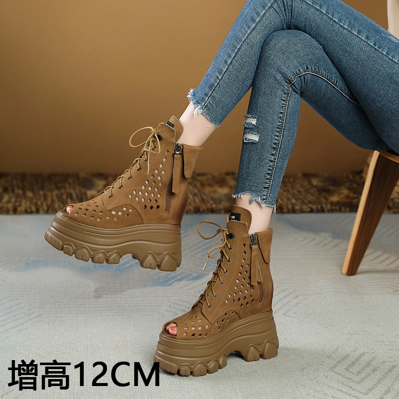 坡跟凉鞋女12公分高跟小个子时尚复古厚底鱼嘴镂空透气防水台夏季