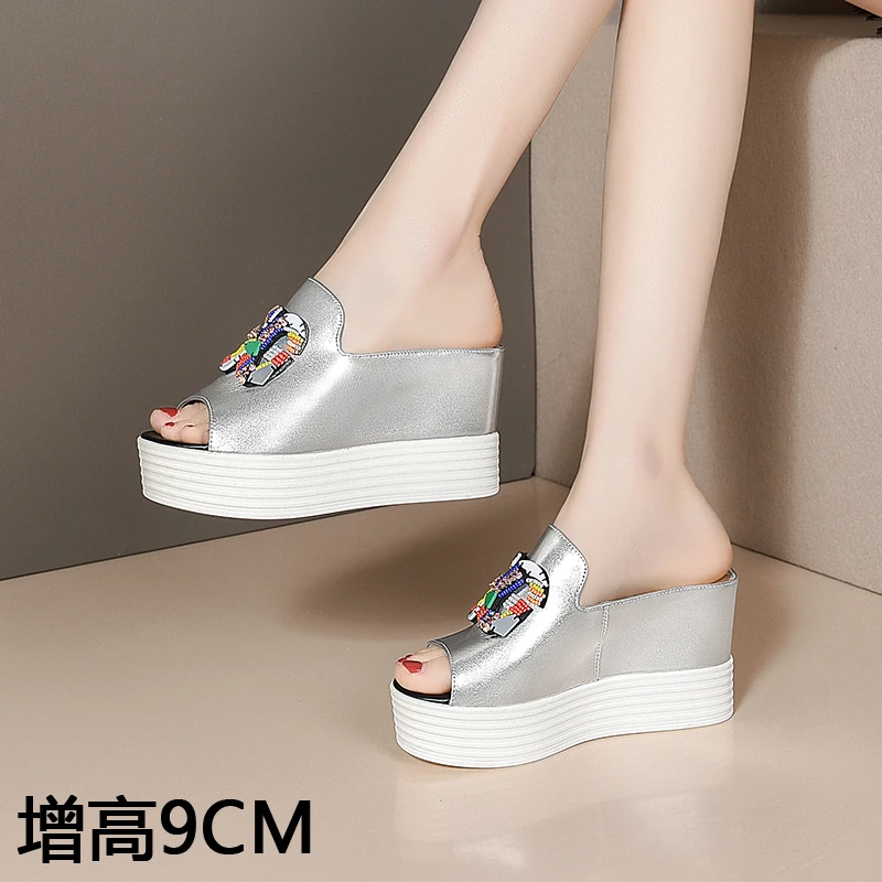 9厘米内增高女鞋防滑厚底鱼嘴外穿松糕夏季坡跟真皮高跟凉拖鞋女