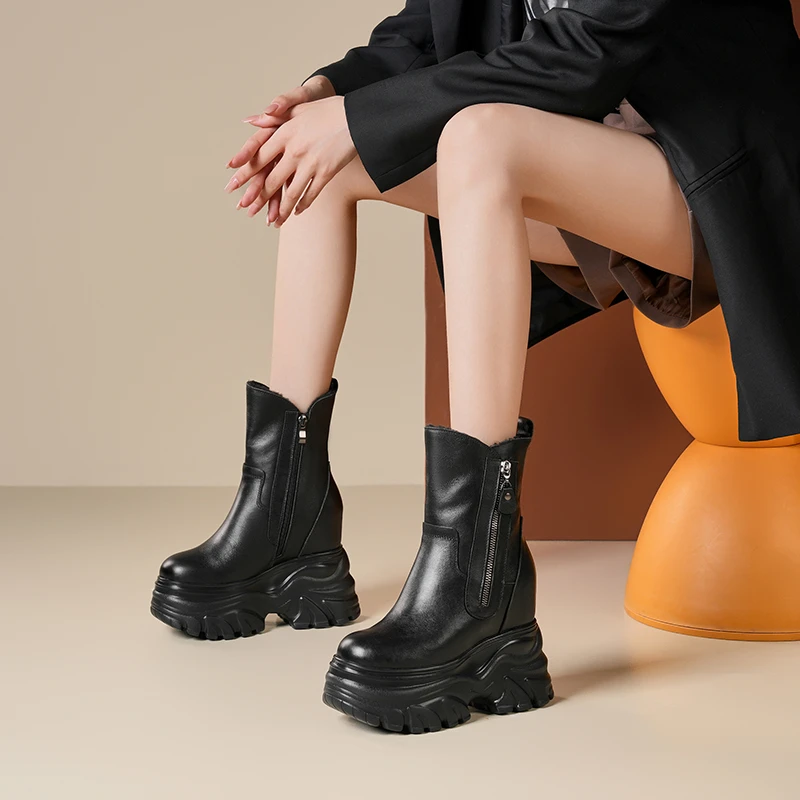 14公分超高跟厚底套筒马丁靴女冬季矮个子内增高松糕底休闲风短靴