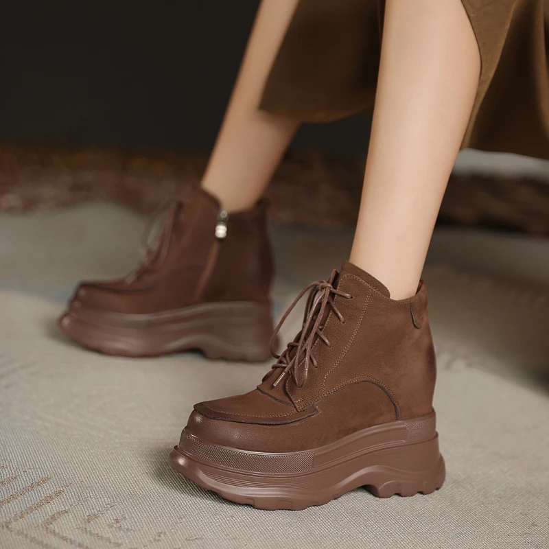 真皮松糕鞋女厚底显瘦复古英伦皮鞋小个子内增高女鞋10cm棕色单鞋