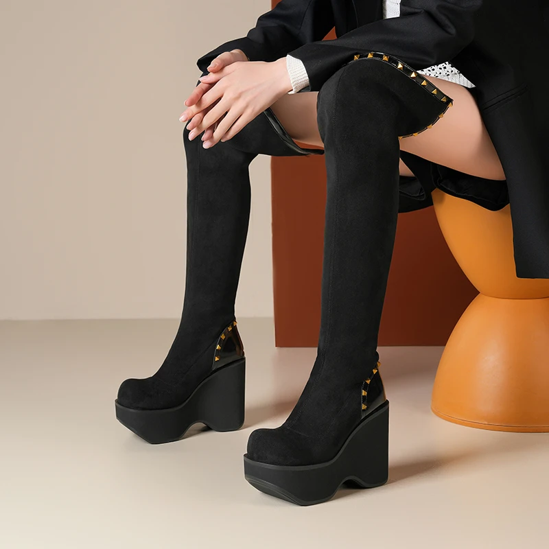 12cm超高跟厚底过膝瘦瘦弹力靴女矮个子冬季防水台复古套筒长靴子