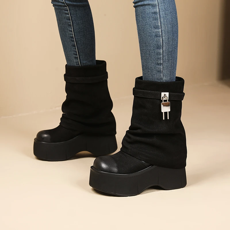 真皮复古甜酷吊坠厚底增高时装靴女小个子街头百搭短筒裤管靴秋冬