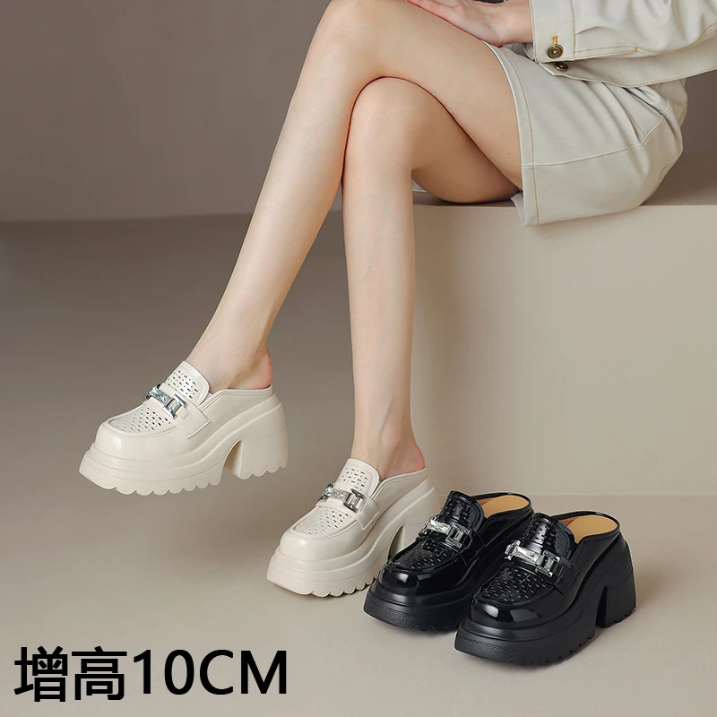 厚底粗高跟真皮镂空透气百搭包头半拖鞋2025新款夏季外穿乐福单鞋