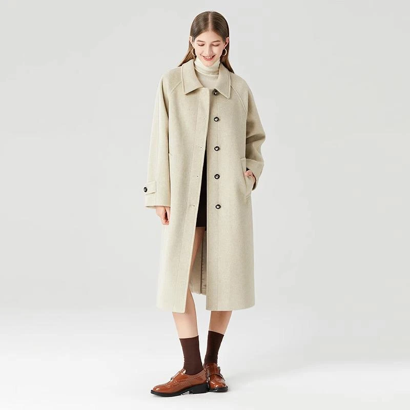 燕麦色毛呢外套2024秋冬新款小个子时尚韩系加厚中长款毛呢大衣女