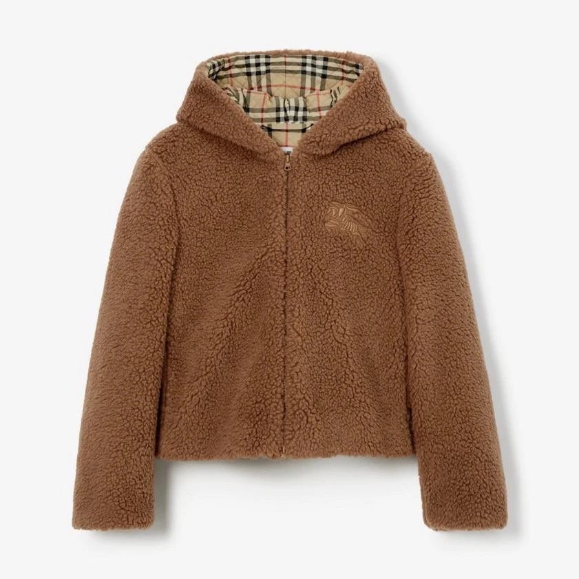 全新未使用 BURBERRY/博柏利 女士战马徽标 连帽羊羔毛短款外套