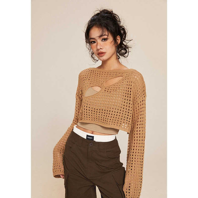 solomemory个人记忆 美式辣妹镂空短款长袖针织衫女设计感上衣女