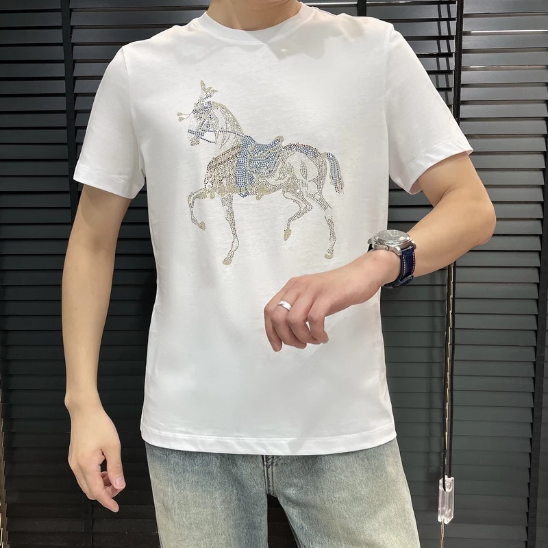 <古帝特尼>潮流百搭个性男士时尚烫钻修身圆领韩版短袖T恤Z+28128