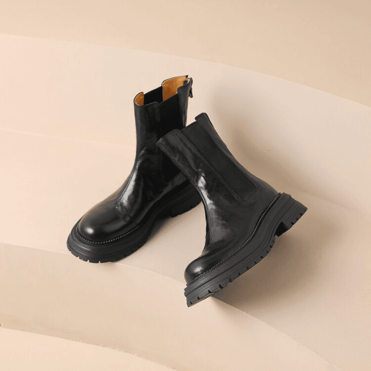 4.5CM34-40尺码秋冬厚底加绒圆头羊皮黑色切尔西靴冬季百搭中筒靴