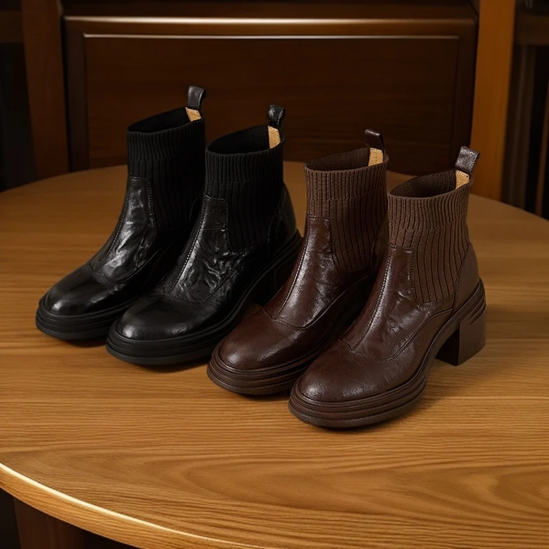 7CM粗跟34-40码秋冬圆头厚底英伦风弹力靴厚底复古真皮袜靴女时尚