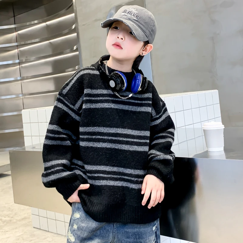 男童条纹毛衣儿童针织衫秋冬装2024新款保暖男孩毛线衣冬季潮童装