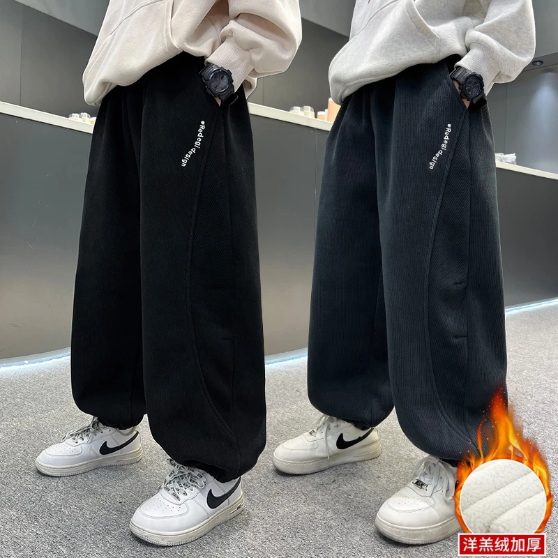 男童羊羔绒裤子2025新款儿童加绒运动裤中大童冬季加厚过冬棉裤潮