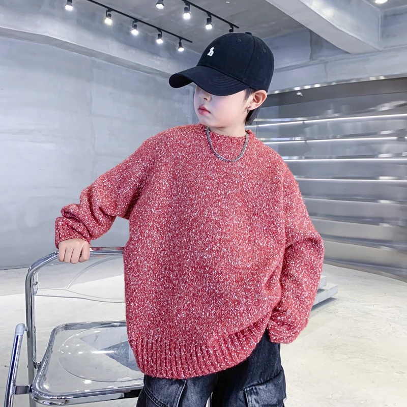 男童秋冬潮牌红色套头毛衣2024新款儿童男孩冬季炸街加厚针织上衣