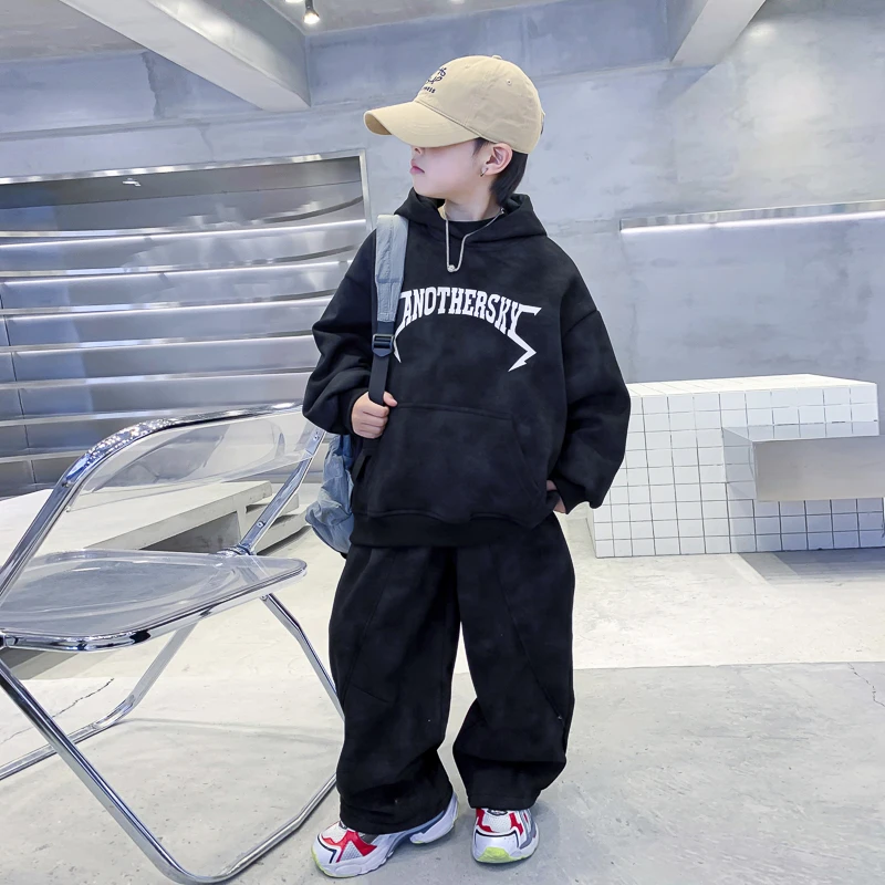男童秋冬痞帅加绒运动卫衣套装2024新款儿童装男孩冬季加厚衣服潮