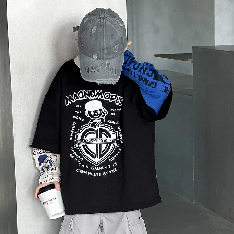 男童假两件上衣春秋儿童长袖t恤2025新款春装中大童男孩潮流卫衣t