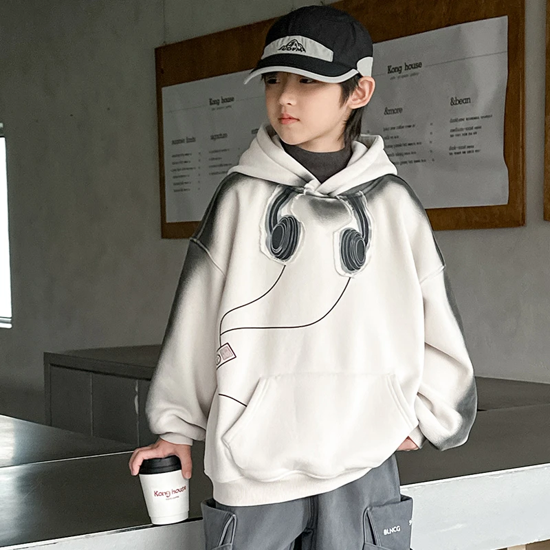 男童秋冬装痞帅连帽加绒卫衣2024新款儿童男孩冬季炸街加厚上衣潮