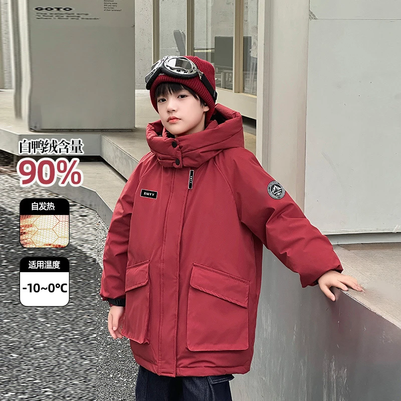 男童红色羽绒服中长款2025新款儿童本命年冬季加厚冲锋衣过年外套