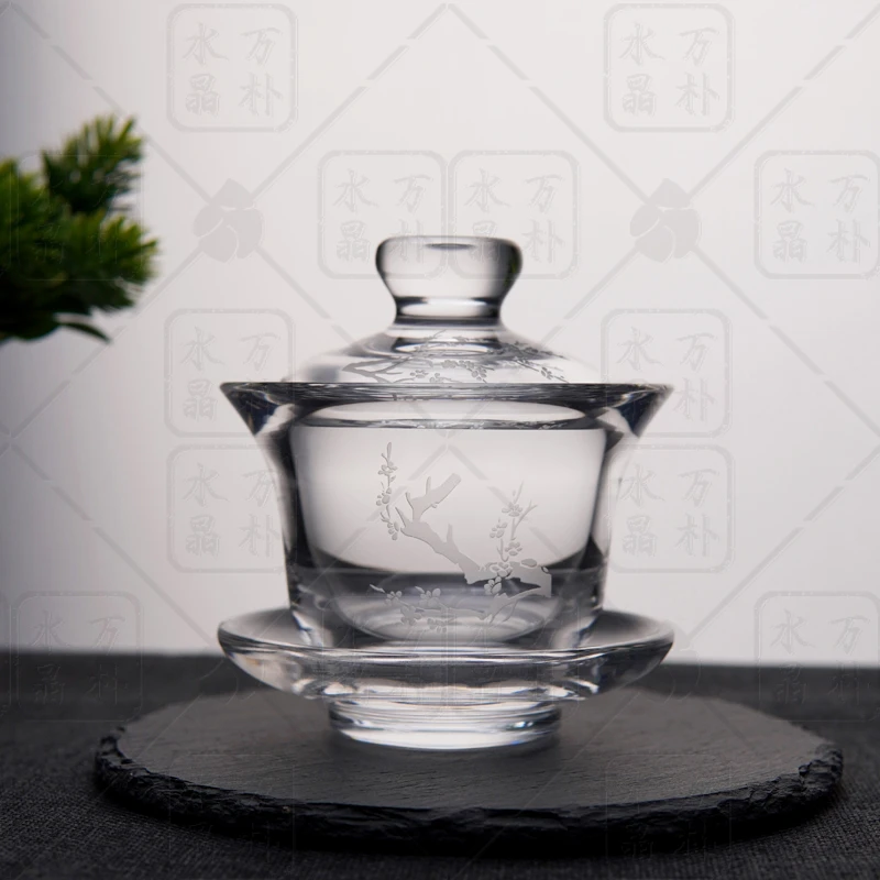 【梅花盖碗】5A级原矿白水晶三才盖碗纯手工打磨 梅花款