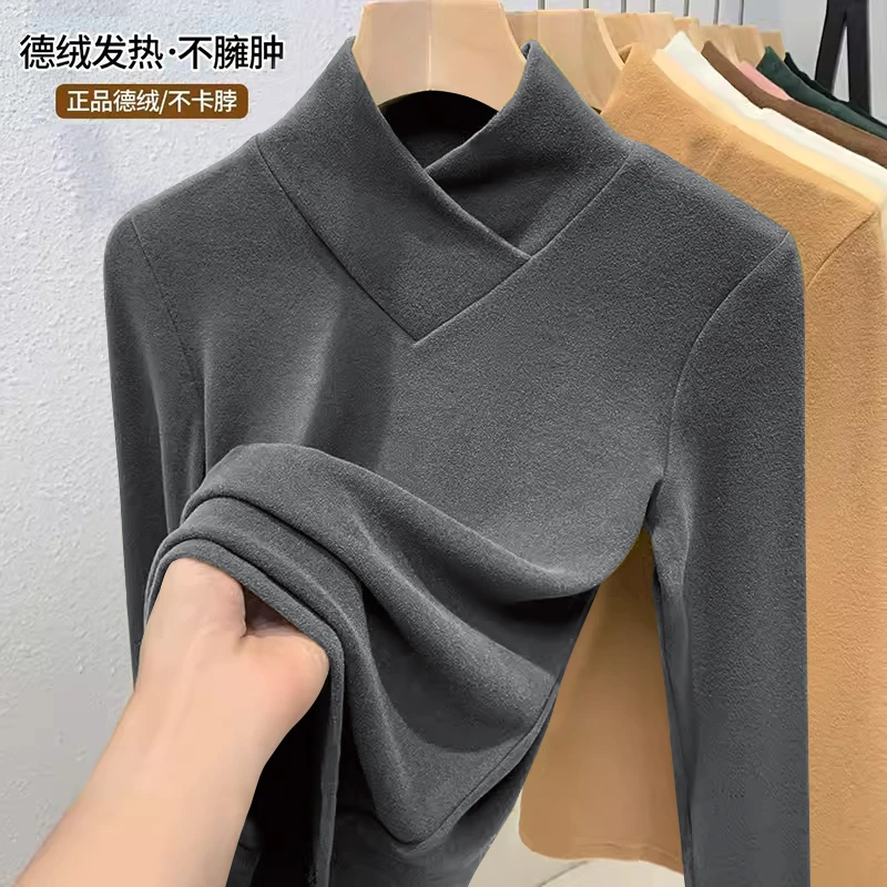 2025新款半高领双面德绒打底衫女秋冬纯色长袖保暖内搭上衣女T恤