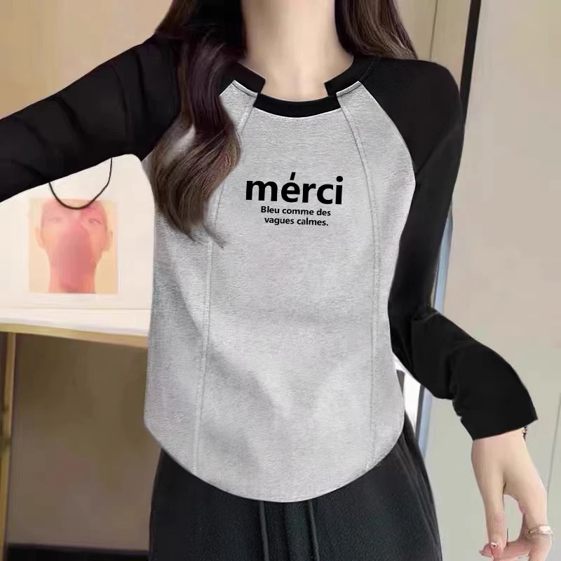 插肩长袖小众撞色拼接圆领内搭修身显瘦新款洋气百搭印花女打底衫