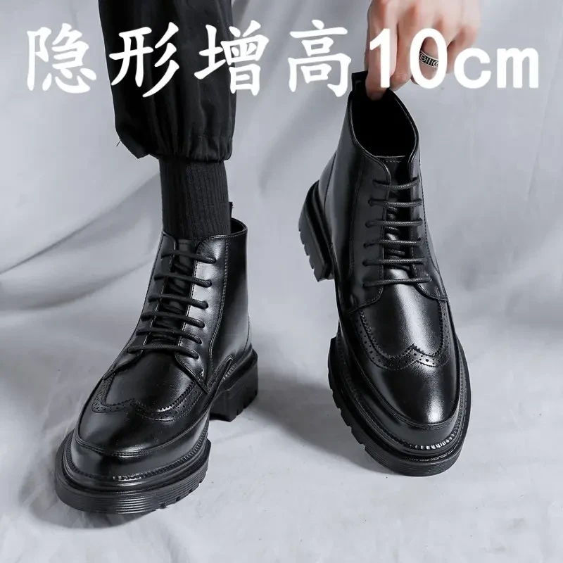 新款布洛克男士尖头皮鞋男商务正装休闲内增高男鞋10cm百搭马丁靴