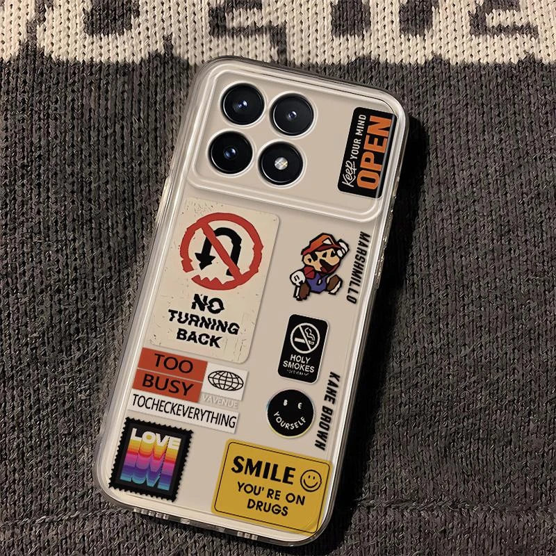 小米红米K70新款潮牌网红马里奥标签透明手机壳高级男女士全包防