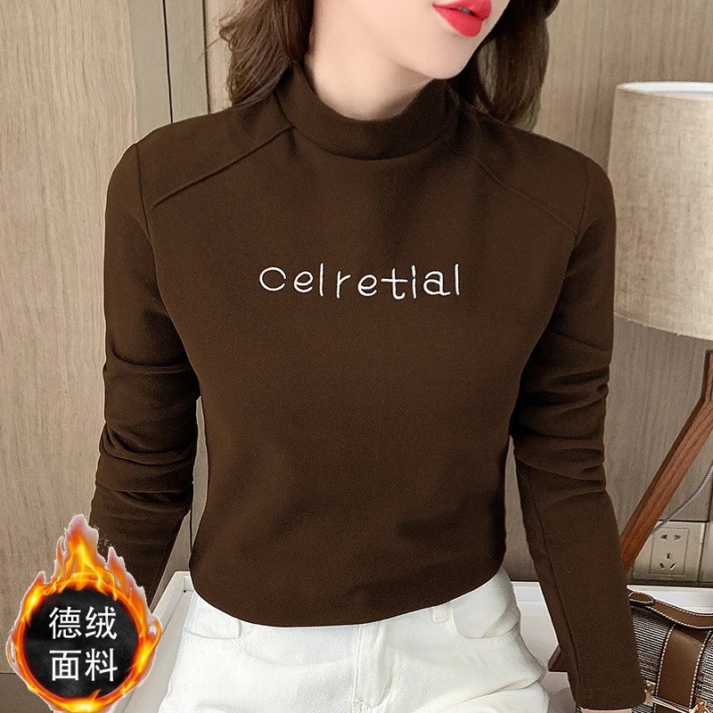 黑色加厚双面德绒半高领长袖t恤女2022秋冬季修身内搭保暖打底衫