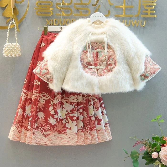 女童冬款中国风毛毛外套夹保暖加绒马面裙冬装新款年服套装