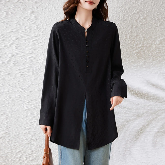 新中式黑色衬衫女2025年早秋新款长袖宽松上衣潮时尚大码休闲外套