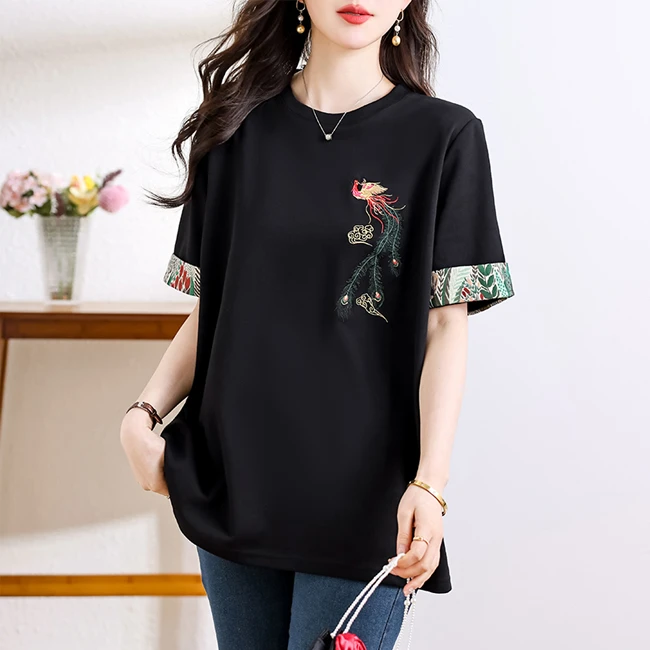 圆领刺绣棉质短袖大码T恤2025年夏季新款休闲国风百搭绣花上衣女