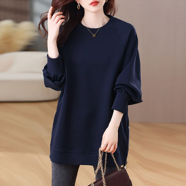 大码设计感侧拉链卫衣女2025秋冬新款胖mm宽松中长款遮肚宽松T恤
