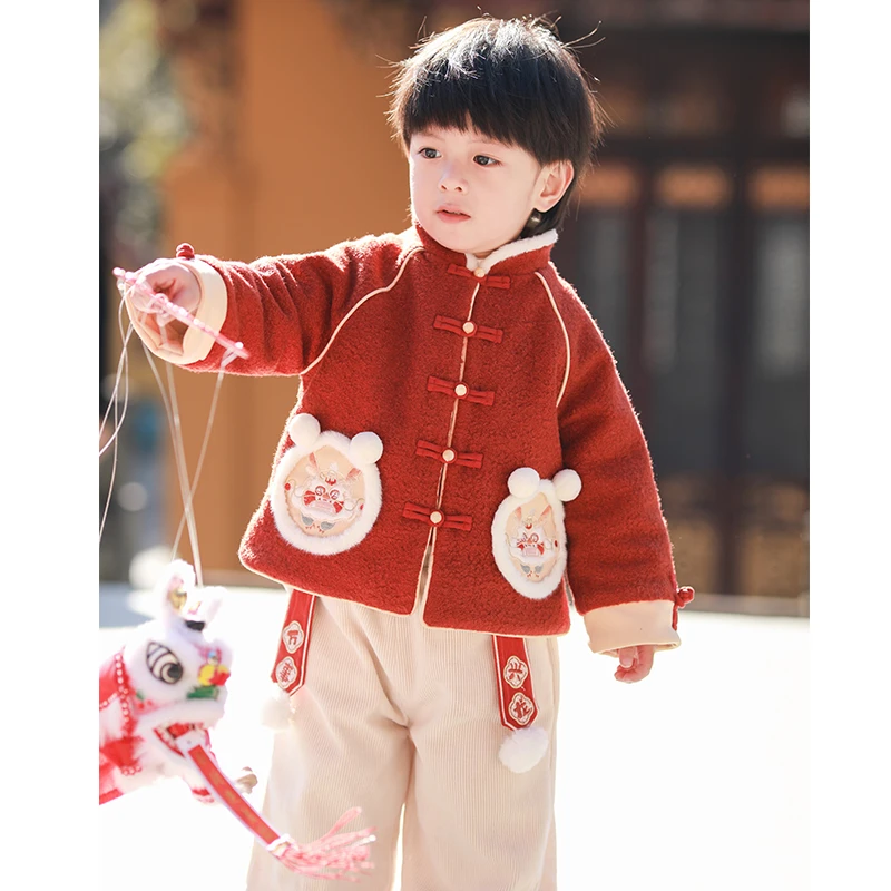 儿童拜年服冬季新款男童龙年加绒裤子
