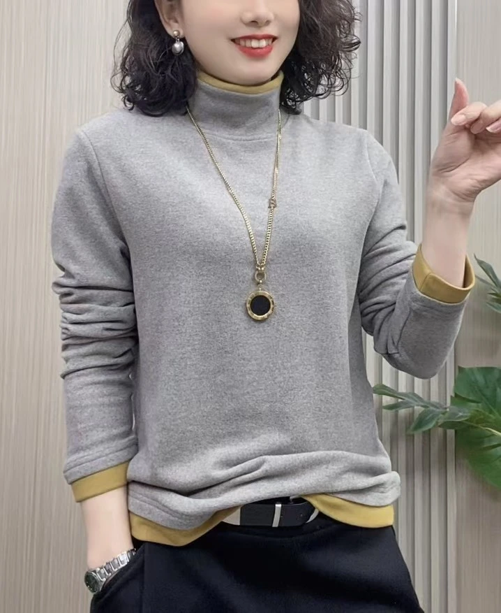 2024冬季时尚洋气长袖纯色双面绒保暖小衫打底高领休闲气质套头