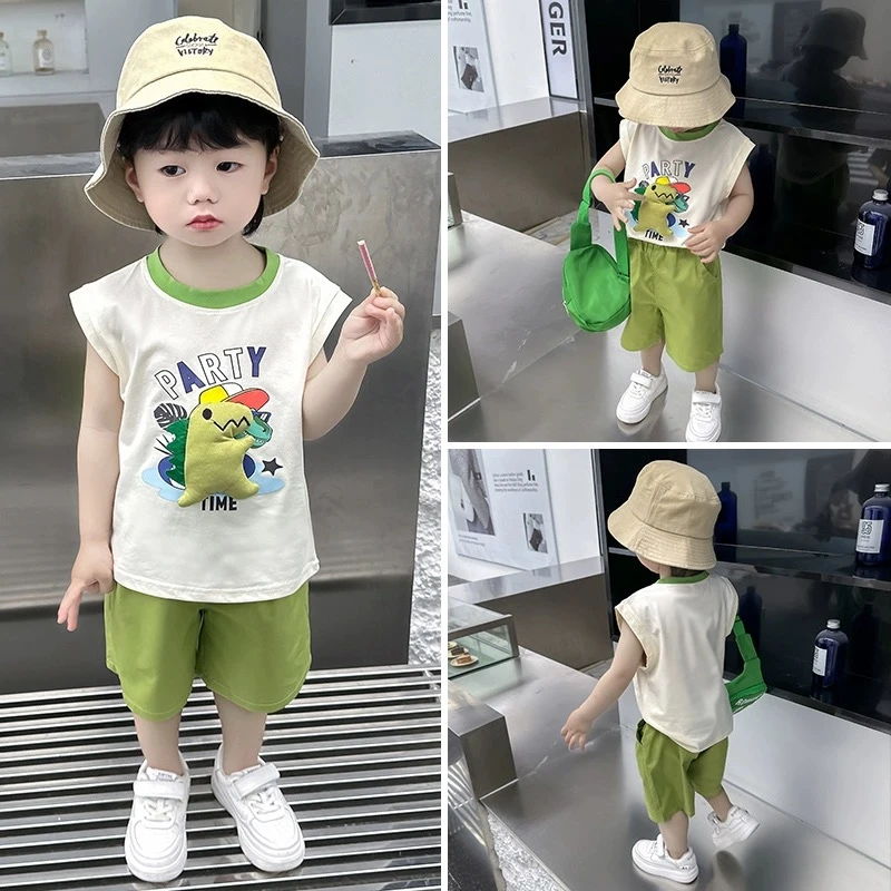 儿童装男童夏装套装2024新款夏季薄款背心帅气男孩夏款恐龙两件套