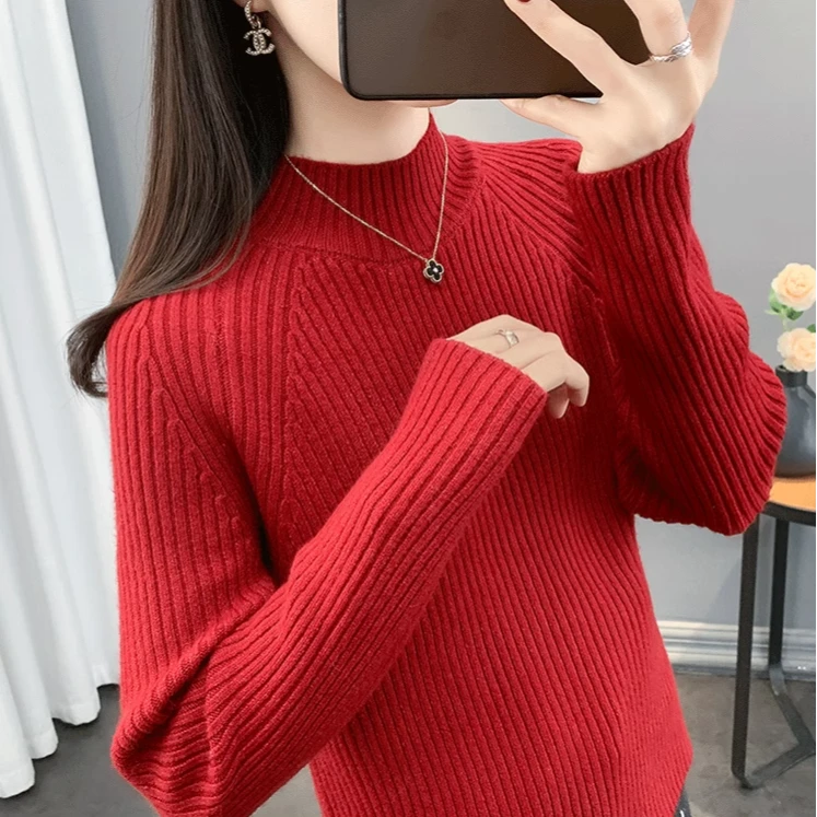 半高领显瘦坑条秋冬针织毛衣宽松套头内搭外穿保暖打底衫省钱风