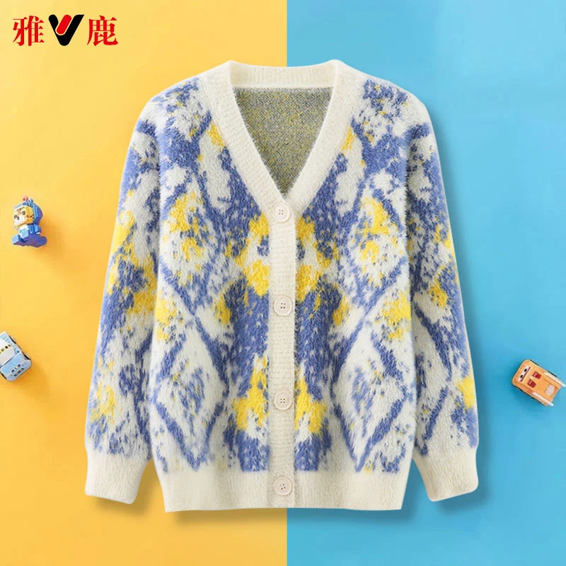 雅鹿男女童毛衣新款针织中大童时尚水貂绒开衫儿童洋气春秋上衣