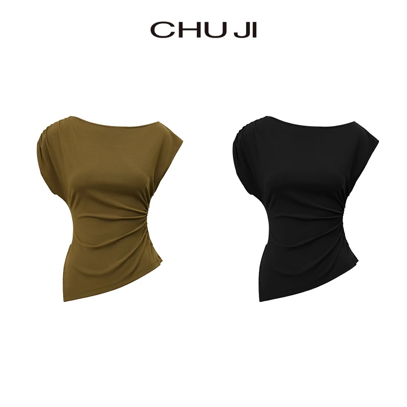 Chuji/出迹不规则短袖上衣女侧开叉修身显瘦褶皱T恤-D1Z1336T